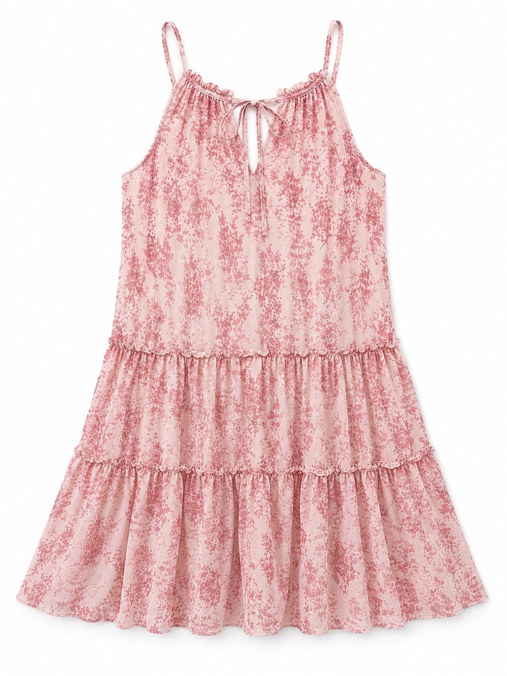DREW Anthropologie NWT Pink Floral Tie-Front Tiered Mini Dress Medium Drop Waist - Picture 2 of 4